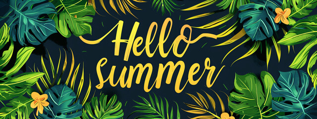 Yellow lettering Hello Summer on black chalkboard with tropical palm leaves. Retro typography text. Summer sale. Design template for banner, poster, card - obrazy, fototapety, plakaty