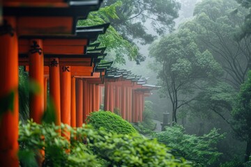 The iconic red torii gates of Fushimi Inari Shrine winding up a lush green mountainside, creating a striking contrast against the natural surroundings. - obrazy, fototapety, plakaty