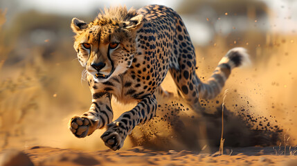 A cheetah running at full speed across the South African savanna.
