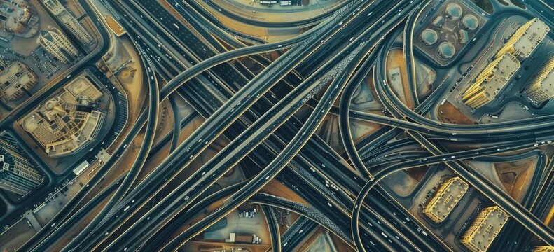 A complex network of intersecting highways, creating a mesmerizing urban tapestry. The photo captures the intricate details of roads, overpasses, and supporting structures.