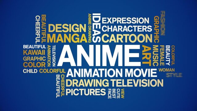 Anime animated word cloud;text design animation tag kinetic typography seamless loop.