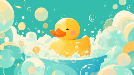 An adorable rubber duck floats amidst a mountain of bubbles in a bathtub resembling a charming cartoon bath icon