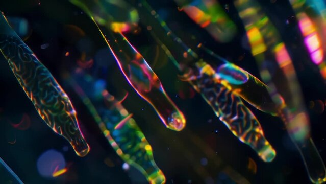 A microscopic image of a of freshwater euglenoids their transparent bodies reflecting the colorful lights from the microscopes lens. . AI generation.