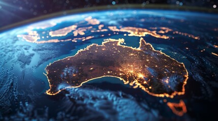 The image shows a night view of the Earth from space, with a focus on Australia.