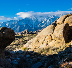 The Eroded Landscape of The Alabama Hills and The Snow Capped Sierra Nevada Range, Alabama Hills National Scenic Area, California, USA