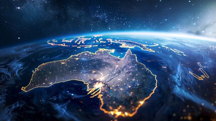 Fototapeta na wymiar The image shows a night view of the Earth from space. The continent of Australia is clearly visible, with its major cities lit up.