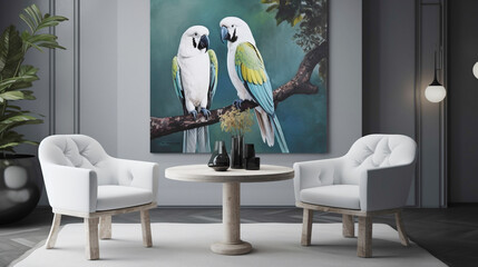 Immerse yourself in a tranquil Nordic scene with two chrs, a central table, and an empty canvas agnst a backdrop of pure white. Graceful parrots in vibrant colors add a playful and whimsical 