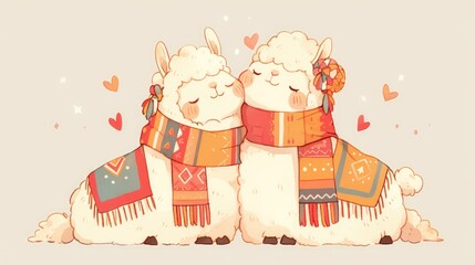 Fototapeta premium Two llamas adorned with heart shaped patterns