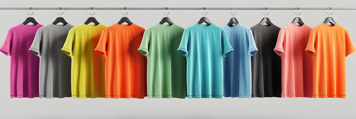 Close up of Colorful t-shirts on hangers,Collection of colorful rainbow t-shirts hanging on wooden clothes hanger on clothing rack