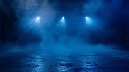 Three spotlights on an empty stage with smoke.