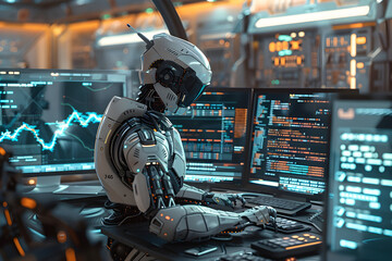 AI job replacement. Artificial intelligence robot Android that operates multiple computers and screens. Futuristic science fiction environment, future factory. - obrazy, fototapety, plakaty