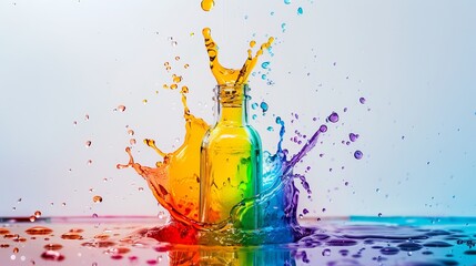 Vibrant liquid bursting from glass bottle on white surface - colorful birthday celebration concept

