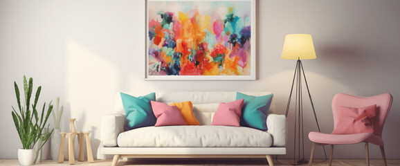 Immerse yourself in a room featuring a vibrant illustration within a blank white frame, surrounded by bursts of vibrant colors. 