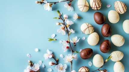 White and brown chocolate Easter eggs with spring flowers on a blue background.