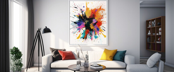 Immerse yourself in a room adorned with a vibrant illustration within a blank white frame, accentuated by bursts of vibrant color splashes. The expressive display of colors creates a dynamic 