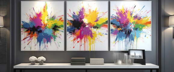 Immerse yourself in a room adorned with a vibrant illustration framed in white, with bursts of chromatic splashes that delight the senses. The colorful display fills the space with joy and excitement,