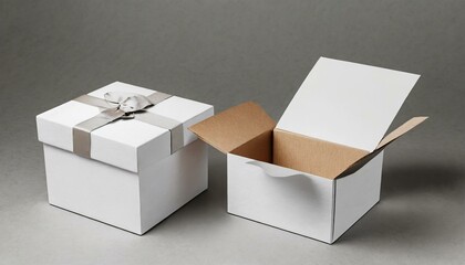 Open and closed white realistic cardboard box with paper and a sticker on a light background. The concept of business gifts. Mock up. 3d rendering
