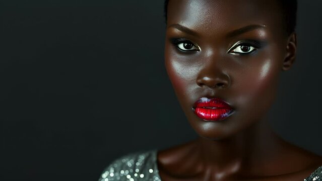 A striking portrait of a woman with dark skin and a chic silver dress her bold red lips and intense stare conveying a sense of understated glamour. .