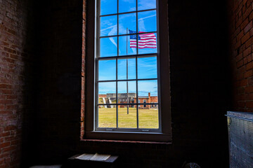 Framed View of The Parade Ground From The Interior of The Enlisted Men's Barracks, Fort Clinch State Park, Amelia Island, Florida, USA