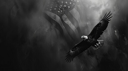 A bald eagle soars in front of an American flag. - obrazy, fototapety, plakaty