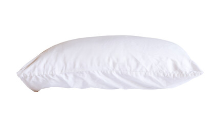 Side view of white pillow with case after guest's use in hotel or resort room isolated on white background with clipping path. Concept of comfortable and happy sleep in daily life