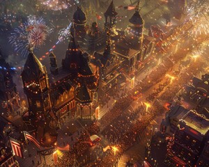 A large crowd of people is gathered in a city square, celebrating with fireworks and flags. The buildings are decorated with lights. - obrazy, fototapety, plakaty