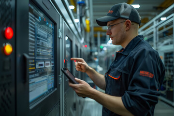 A man is looking at a computer screen with a tablet in his hand