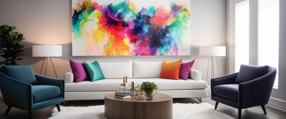 Immerse yourself in a room adorned with a vibrant illustration within a blank white frame, accented by bursts of different colors. The vivid spectrum of hues creates an enchanting visual experience,