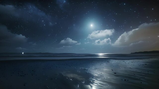 A serene beach with a dark sky overhead where the moon shines brightly and stars le in its reflection on the still water. . .