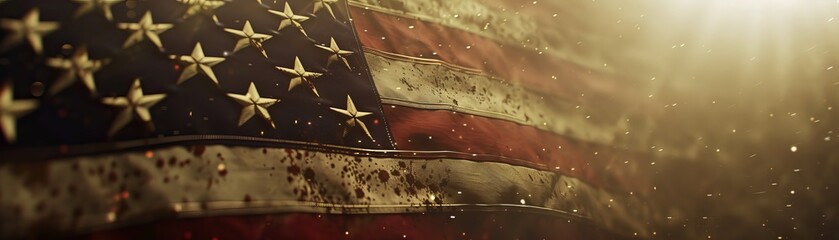 A tattered American flag with light shining through it. - obrazy, fototapety, plakaty