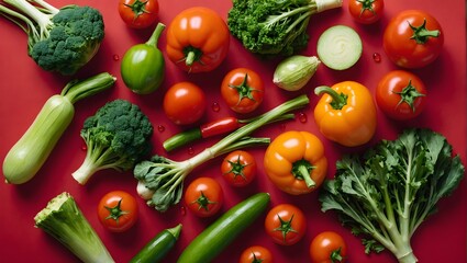 Set-with-pure-vegetables-with-drops-on-a-red-background--Cooking-concept--Nature-concept--Macro-concept--Healthy-fresh-food--Food-concept--Diet-food