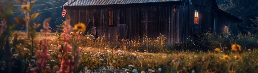A wooden barn in a field of flowers at sunset