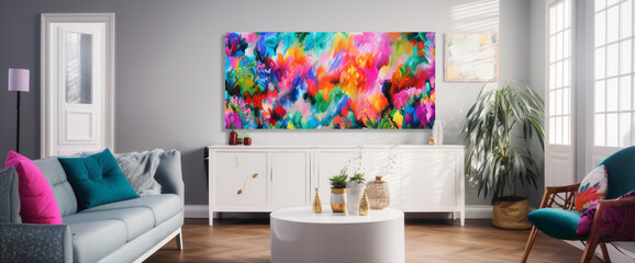 Immerse yourself in a room featuring a vibrant illustration framed in white, with bursts of vivid color splashes adorning the walls. The vivid oasis offers a refreshing escape,