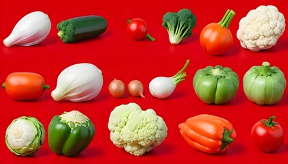 Set-with-pure-vegetables-with-drops-on-a-red-background--Cooking-concept--Nature-concept--Macro-concept--Healthy-fresh-food--Food-concept--Diet-food