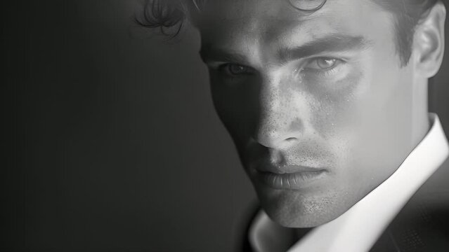 A man with defined cheekbones and a sharp jawline looks effortlessly sophisticated in a black and white portrait his serious expression softened by the elegant simplicity of the monochromatic .
