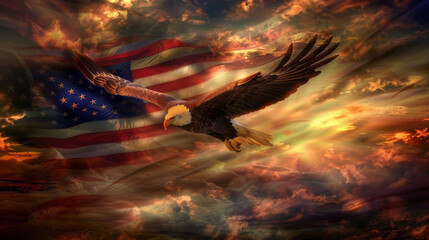 An eagle soars above the American flag.