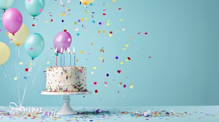Joyful birthday celebration: colorful balloons, confetti, and cake on light blue background - festive atmosphere and happy moments