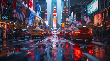 Times Square in New York City, with the street wet from rain, reflecting the lights of the billboards and the traffic.