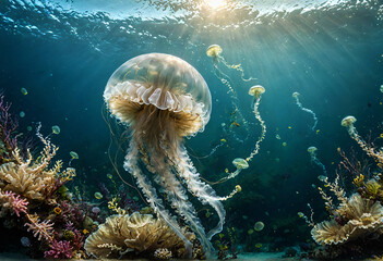 Sunlit Ballet: Jellyfish Dance in Ocean Background
