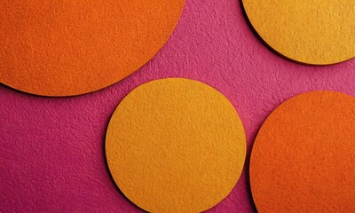 An abstract art piece featuring four textured circles against a vibrant pink background.