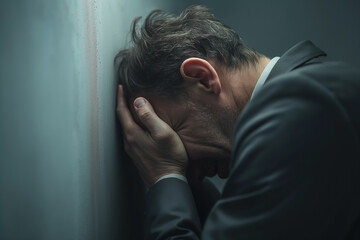 “A Moment of Despair” A man in a suit is seen with their head against a wall, hands covering their face, in a dimly lit environment, conveying an intense emotion.