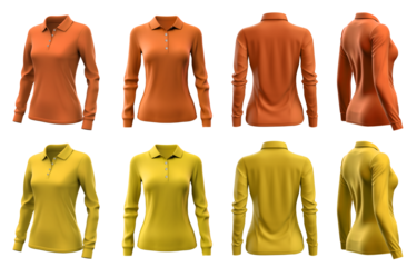 2 Set of woman yellow orange mustard front, back and side view collar long sleeve slim fit polo tee shirt on transparent background cutout, PNG file. Mockup template for artwork graphic design