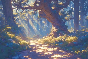 A forest path leading towards the light, surrounded by tall trees with sunlight filtering through and creating an enchanting atmosphere with rays of golden sunbeams.
