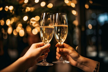 Two glasses of champagne touching each other and toasting at night New Year's party celebration, birthday
