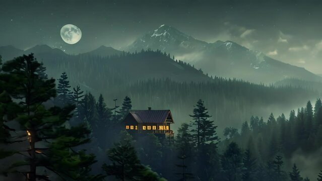 house at forest night with mountain background landscape. 4k video animation
