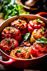 Frying pan with stuffed peppers and herbs on the table