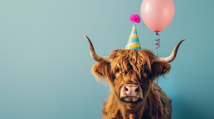 Cheerful celebration: sylvester new year's eve & birthday bash! Funny animal banner with scottish highland cattle cow wearing party hat, balloon, isolated on blue wall - perfect for greeting cards