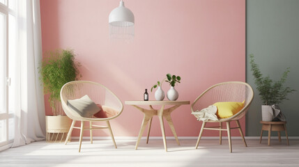 Immerse yourself in a cozy Scandinavian oasis with two chrs of multiple colors surrounding a central table. Agnst a backdrop of pure pink, white, or yellow, a