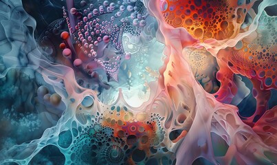 Transform the concept of nanotechnology into a mesmerizing watercolor painting from a unique low-angle viewpoint Use soft, blended colors to represent the intricate patterns and structures, creating a