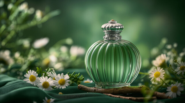 Product photography, green glass perfume bottle with matte texture and white metal cap on wooden branch surrounded by flowers and plants, green background, green cloth in the foreground,